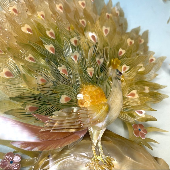 Vintage Asian Shell Art Peacock Flowers Framed Wall Art - Picture 6 of 13